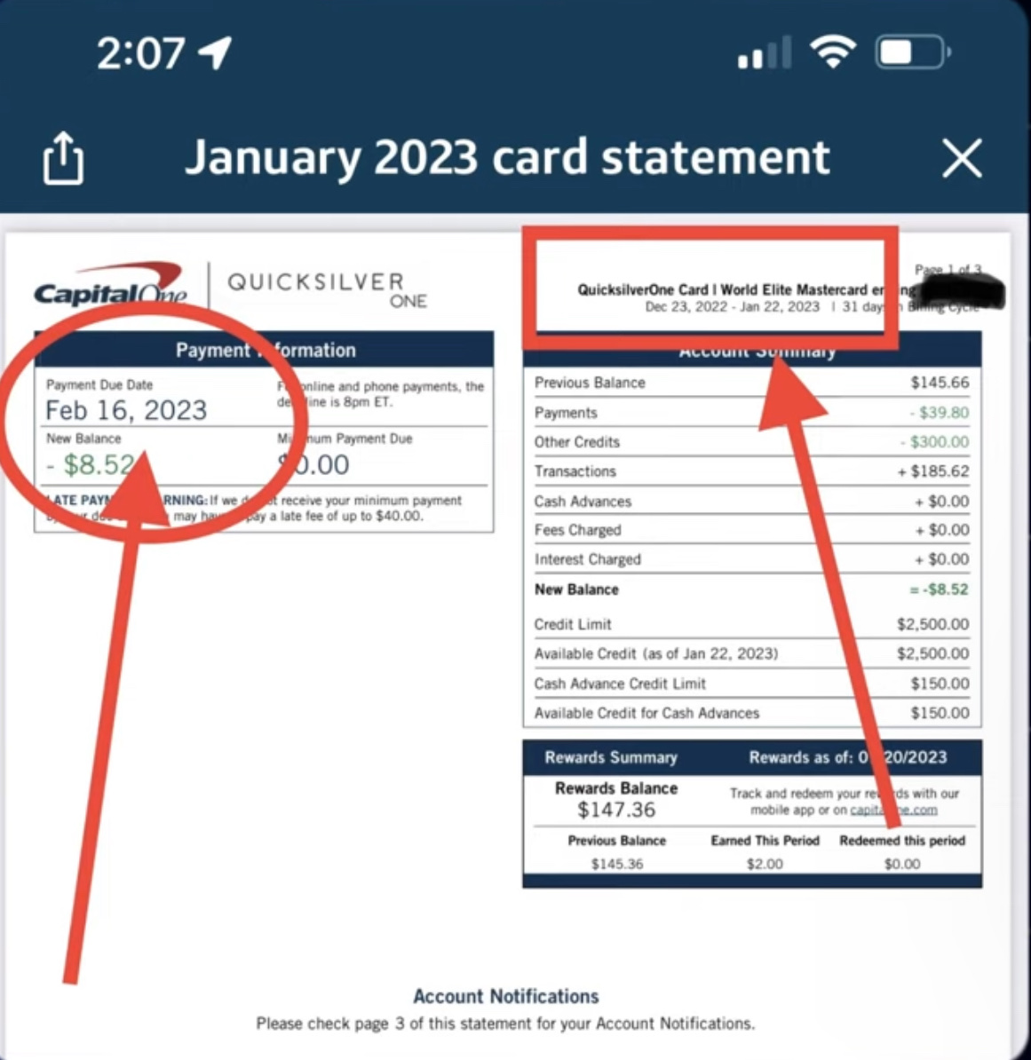 Credit card statement showing the payment due date and the statement period