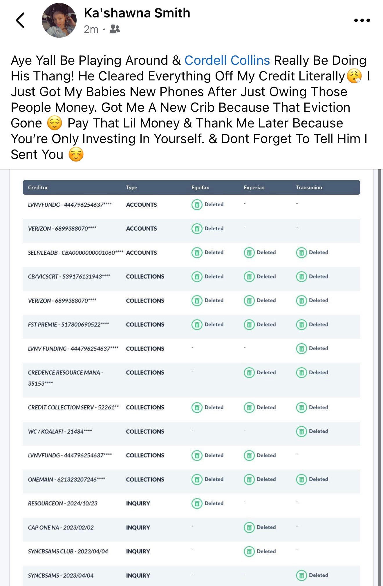 Facebook post from a client thanking Cordell Collins, with her deleted collections and inquiries