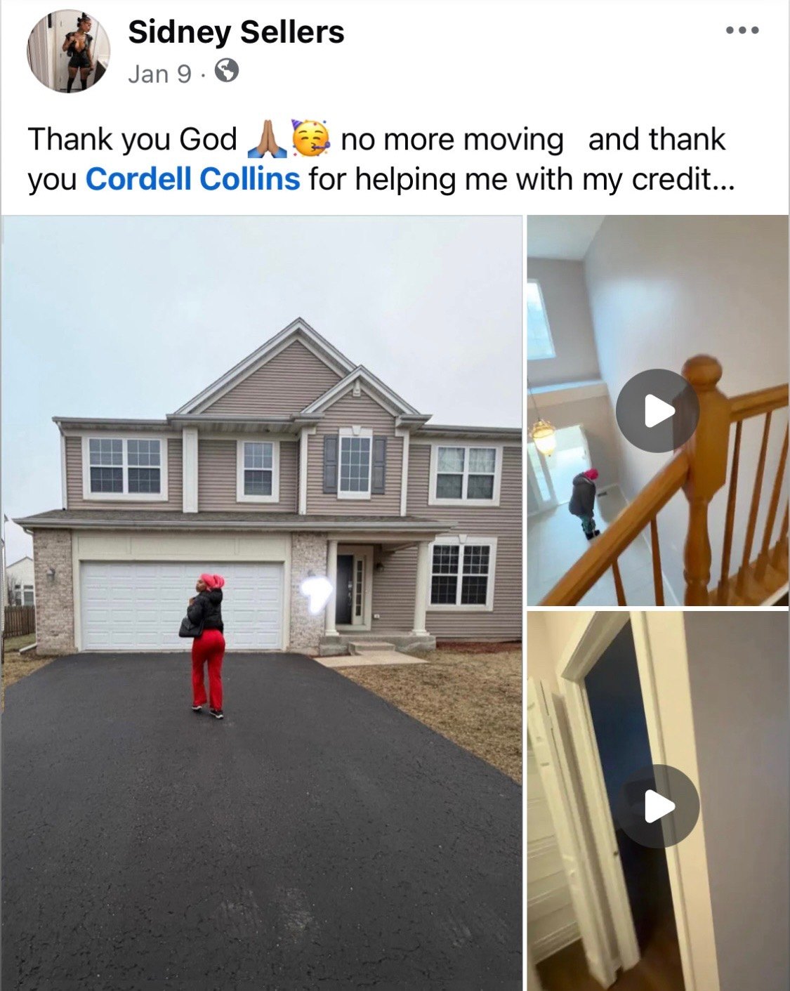 Facebook post thanking Cordell Collins for help with her credit and her new home