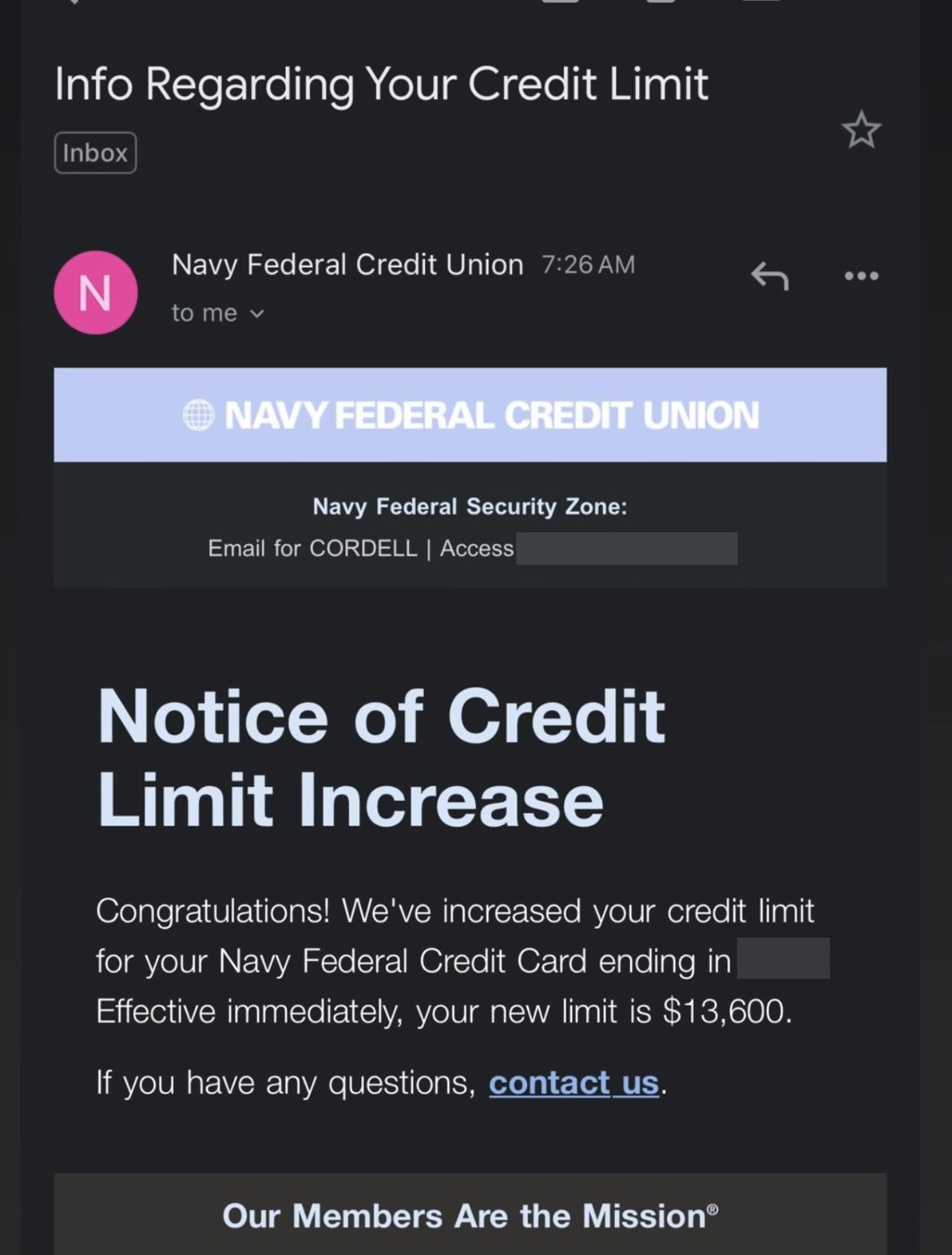 Credit limit increase approval 11 of 11