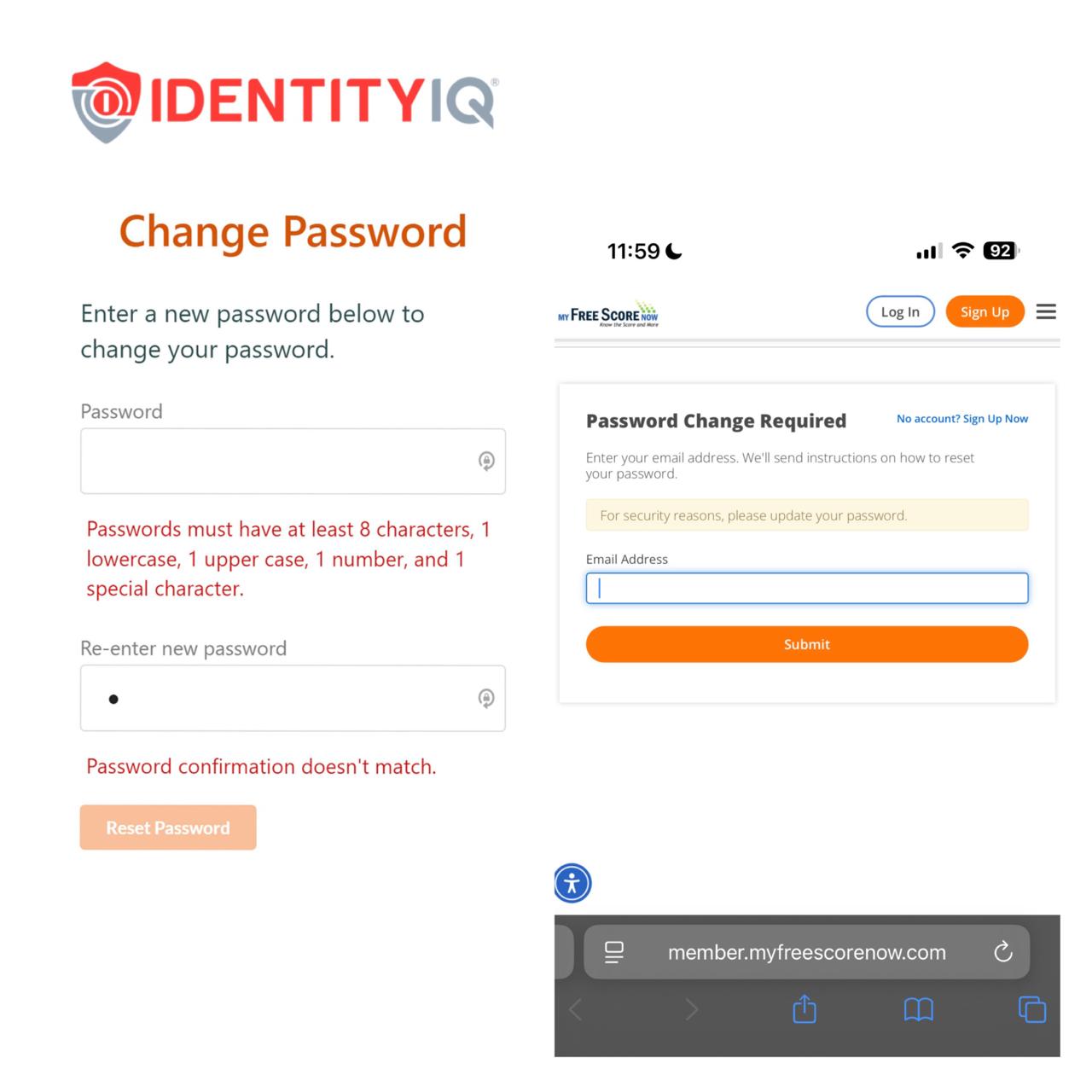 Password Change Required - IdentityIQ and MyFreeScoreNow